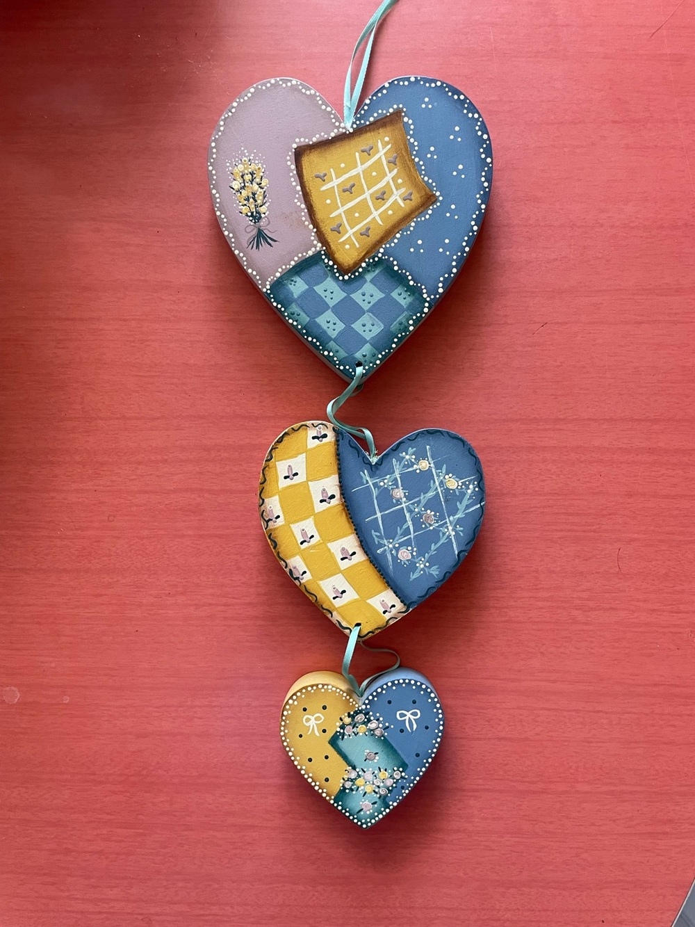 Handpainted Folk Art, Wooden Heart Wall Hanging - Blue, Yellow, Pink Patchwork